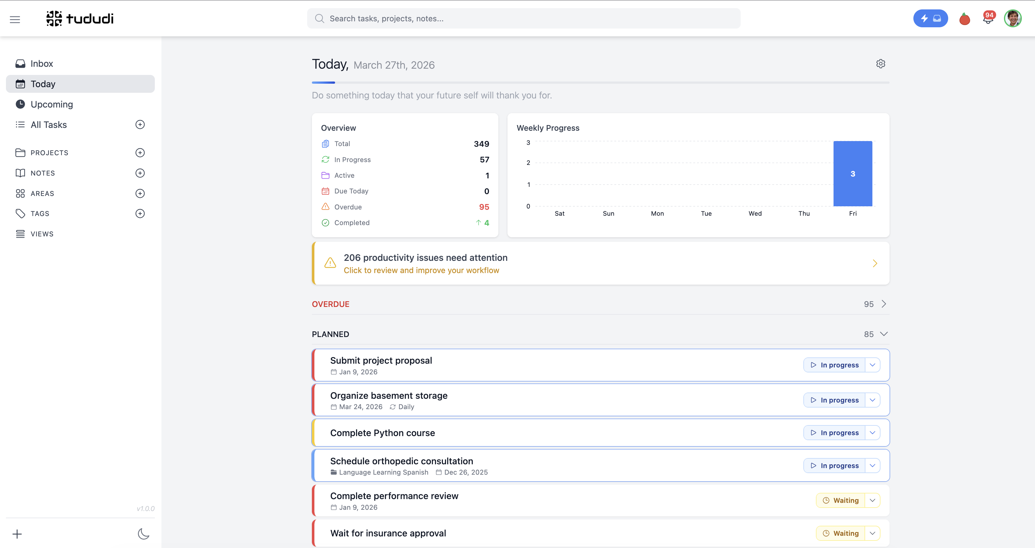 The tududi interface, showing the Today view with planned tasks