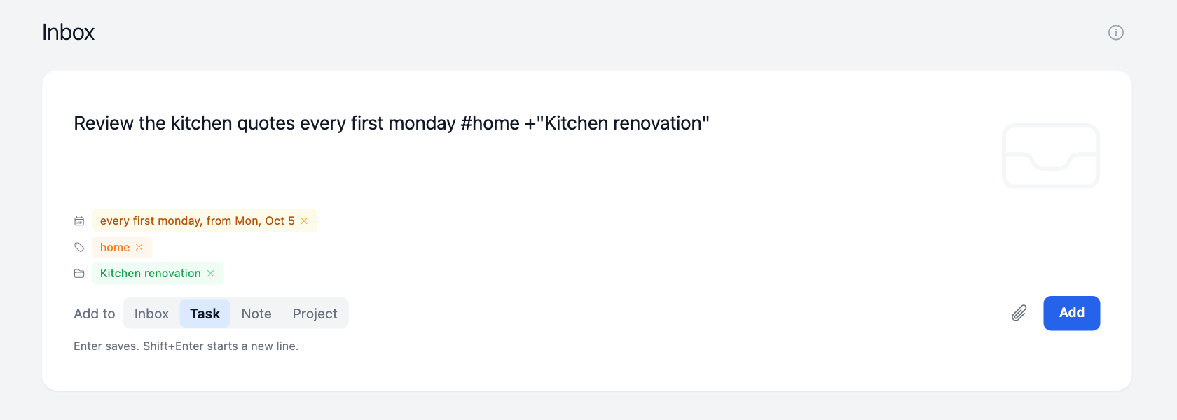 The Add box turning a sentence into a recurring task with a tag and a project