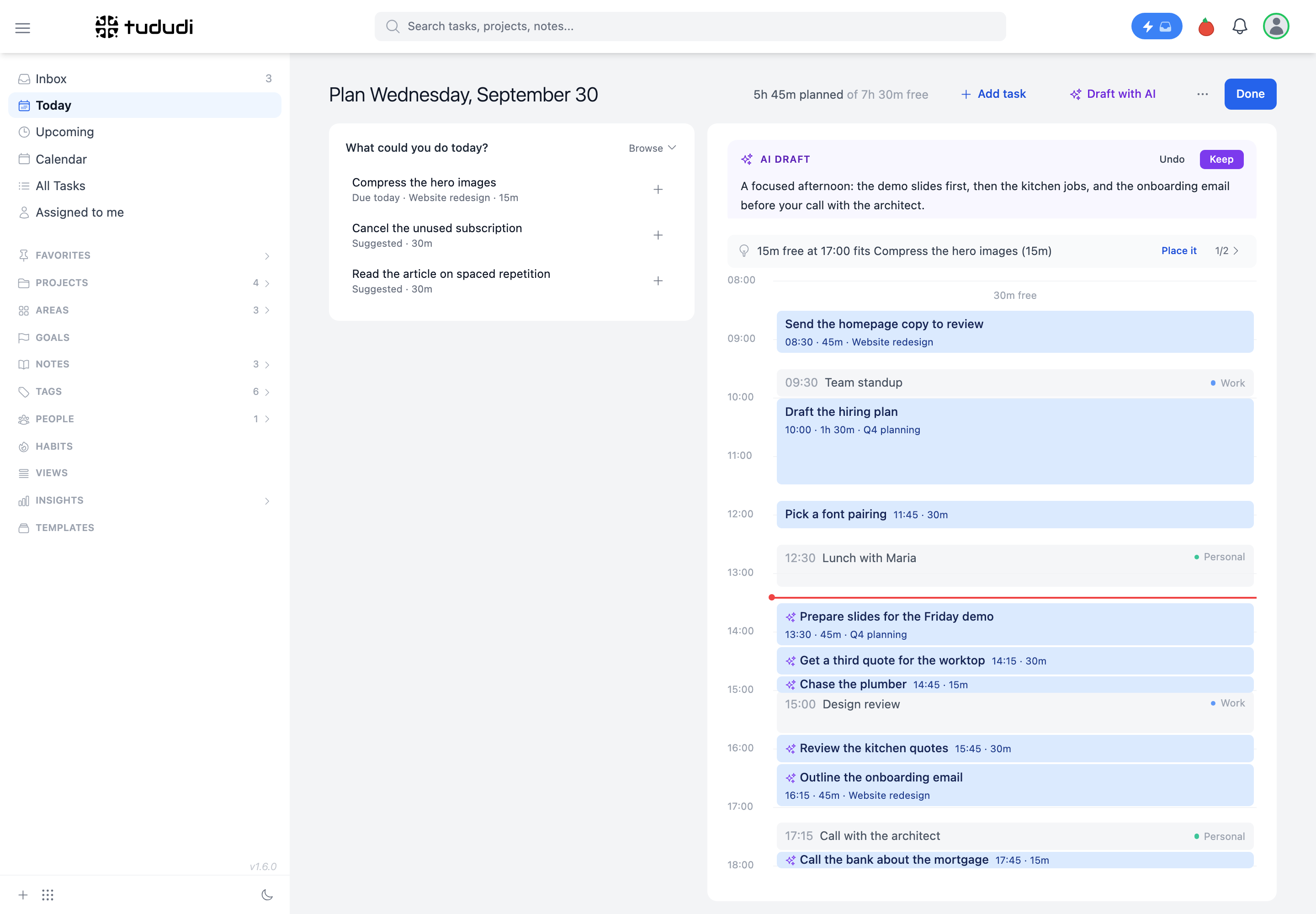 The day planner with tasks and calendar meetings on one timeline
